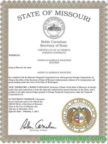 USA Missouri marriage certificate template in PSD format